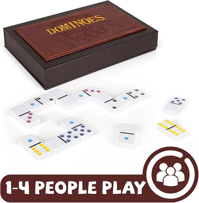 Dominos Set for Adults - Classic Game With Leather Case, Double Six, 28 Tiles, Travel Set, Party Board Game for Family Game Night, 2-4 Players Gift