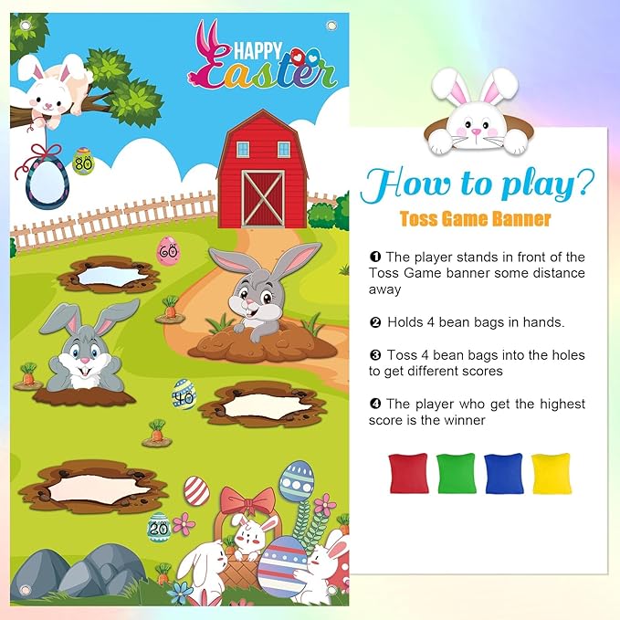 Upgraded, Easter Games, Funny Bunny Toss Game, with 4 Bean Bags, Premium Banner and Accessories, Easter Party Games for Kids Adults Family Outdoor, Party Activities Supplies