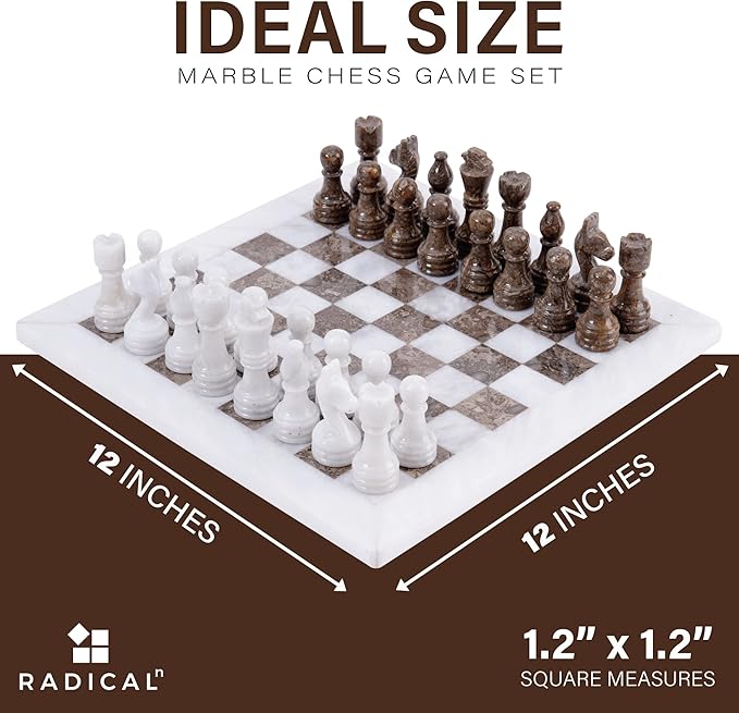 Radicaln Marble Chess Set 12 Inches White and Grey Oceanic Handmade Board Game Chess Sets for Adults - 2 Player Games for Adults - 1 Chess Board & 32 Chess Pieces - Chess Game