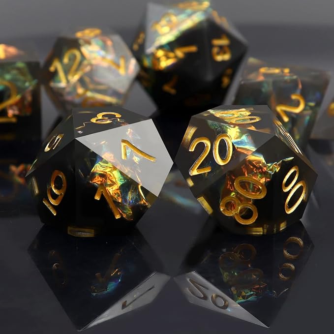 Haxtec Sharp Edge Dice Set DND Dice Black Resin Dice Iridecent Mylar Galaxy D&D Dice for RPG Role Playing Dungeons and Dragons Gift