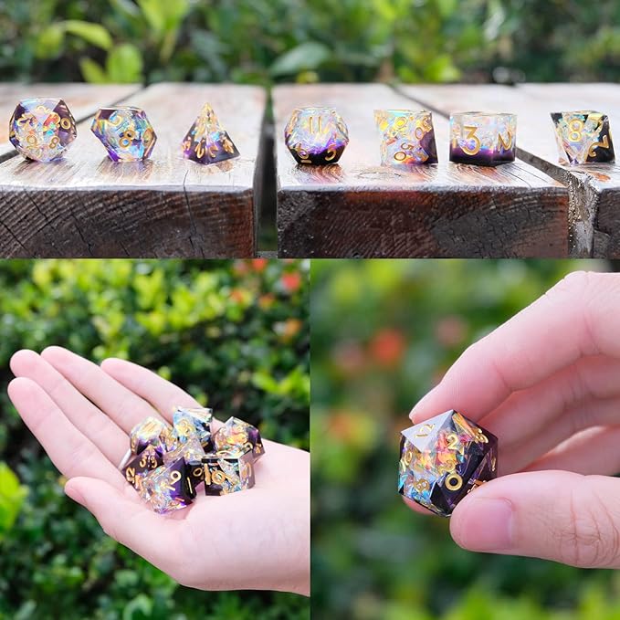 DND Dice Set Resin Sharp Edge Handmade 7pcs Polyhedral Dice Set DND RPG MTG Role Playing Game Dice Set D&D Dice with Gift Case for Dungeons and Dragon (White-Violet)