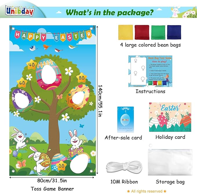 Upgraded, Easter Games, Funny Bunny Egg Toss Game, with 4 Bean Bags, Premium Banner and Accessories, Easter Party Games for Kids Adults Family Outdoor, Party Activities Supplies