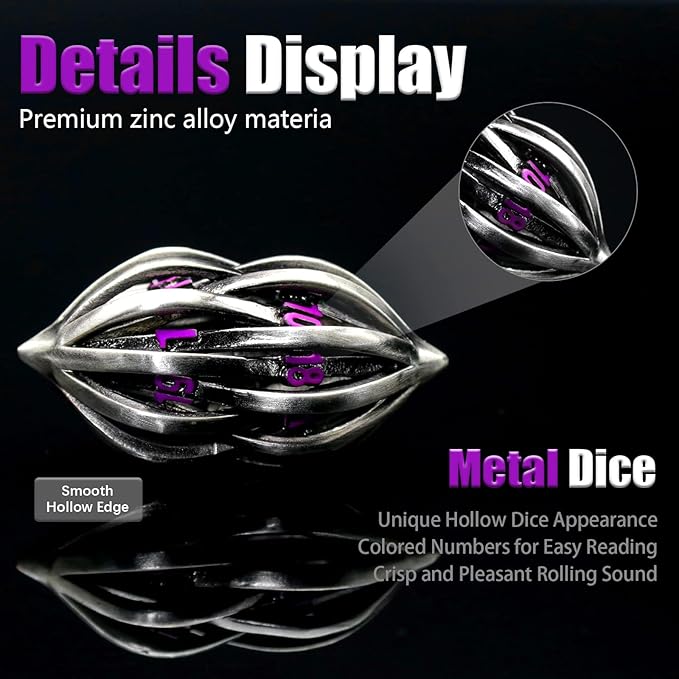 DND Dice Set for Dungeons and Dragons, Metal D&D Dice 7PS/Set, ZHOORQI Polyhedral Dices Set for Role Playing Game Gifts(Arcanum-Purple)