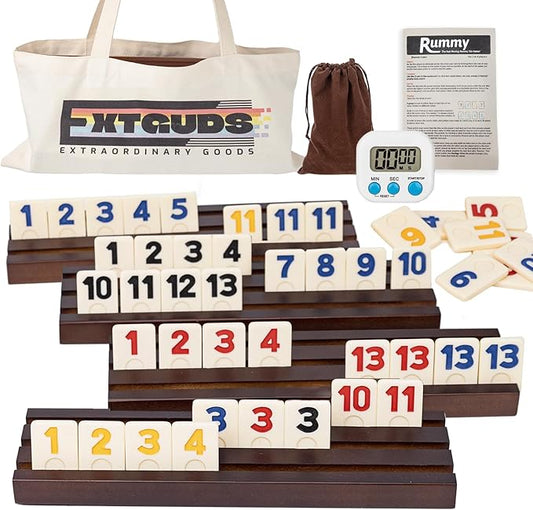2-4 Player Rummy Cube Game Set, with 4 Wooden Racks/Trays, 106 Large Tiles Rummy Cube Game Set with Canvas Bag, Rummy Tiles Travel Set with 4 Tiles Holders for Classic and Funny Party Games,for Adults