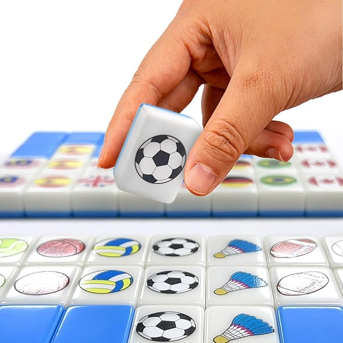 Seaside Escape Game Blocks， Mahjong Tile Game Sets with 65 Tiles 30mm Flag and Ball Pattern with Handbag for Spring Picnic Party Gift.