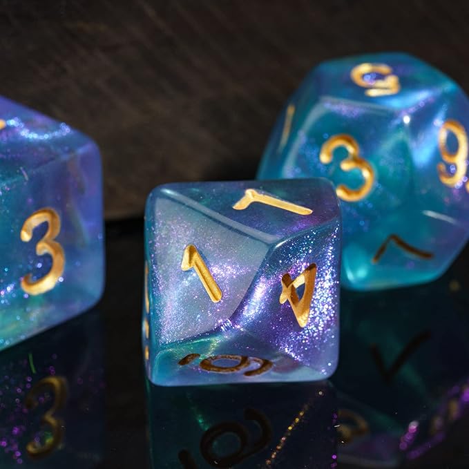 7-Die DND Dice Set Polyhedral Dice Set with a Leather Dice Bag, D&D Dice Set for Dungeons and Dragons, RPG, MTG Table Games (Purple Cyan/Glitter)