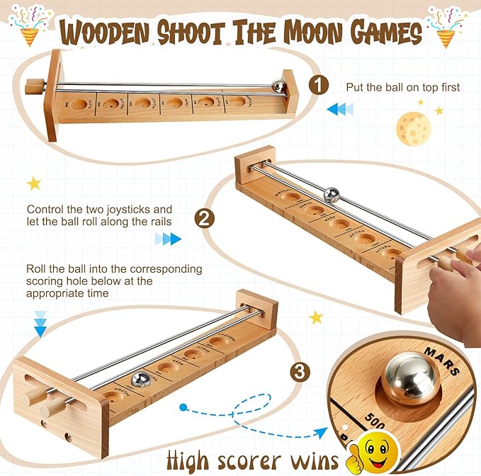 Deekin 2 Set Desktop Shoot The Moon Game Table Top Mini Bowling Game Set Classic Steel Ball Wooden Tabletop Games Wooden Board Mini Arcade Table Games Bowling Set Gag Gifts for Adult Teen Office Desk