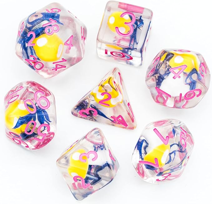 UDIXI 7PCS Polyhedral Dice Set, DND Dice Set Filled with Mushroom for Role Playing Games, D&D Dice for Dungeons and Dragons (Blue Flower)