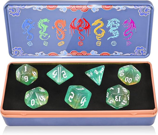 DND Dice Set with Dragon Totem Metal Gife Case, Dungeons and Dragons Dice Set,Polyhedral Dice Set Filled with Shiny Glitters,Role Playing Games and Tabletop Games (Green&Yellow)