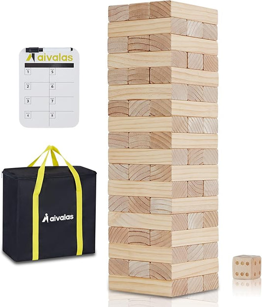 Giant Timber Blocks Games, 56 Blocks Large Tower Outdoor Games - Includes Carry Bag and Scoreboard, Wood Stacking Yard Games Grows from 2FT to Over 4.2FT for Kids Adults Family