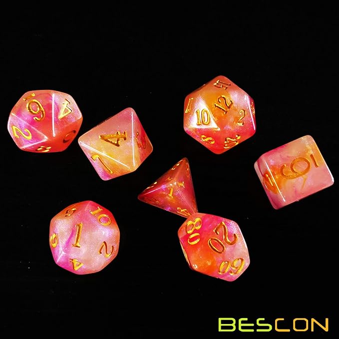 Bescon Magical Stone Dice Set Series, 7pcs Polyhedral RPG Dice Set RoseQuartz, Polybag Packing
