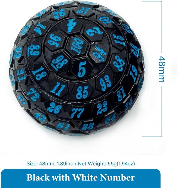 100 Sided Polyhedral Dice, Single D100 Game Dice, 100 Sided Cube with Black Pouch, D100 die 48 mm (Black with Blue Number)