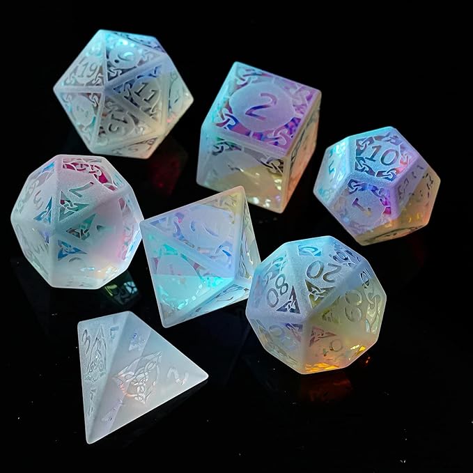 UDIXI Prism Glass DND Dice Set, 7PCS Frosted Glass Dice Rainbow Glass D and D Dice for Dungeons and Dragons Table Games D&D (Sandblasted Prism Glass)