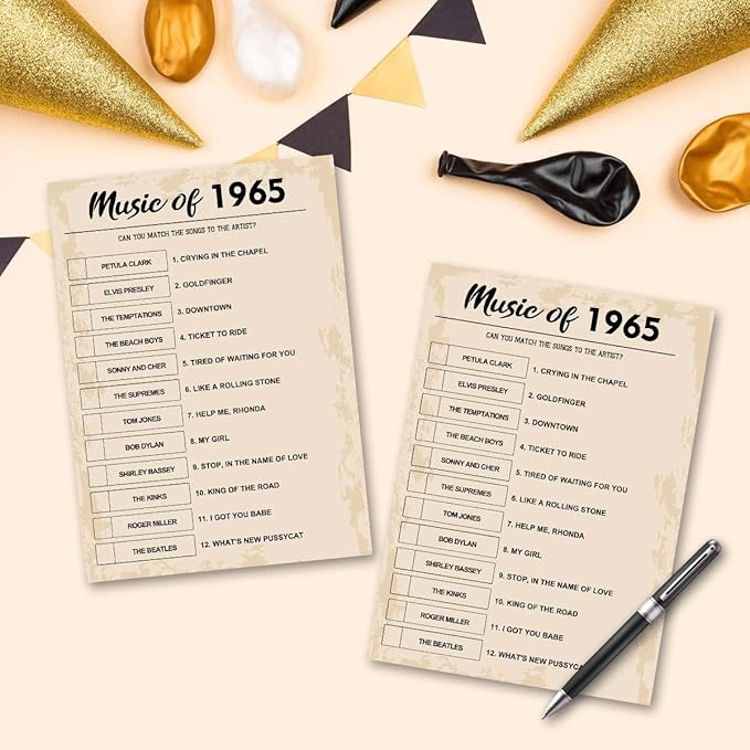 60th Birthday Party Games, Music of 1965 Games, Birthday Party Supplies for Adults, Fun 1965s Party Game，Pack of 30 Cards