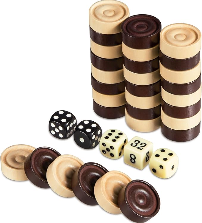 Classic Wooden Checkers Stackable Pieces, Backgammon Pieces, Set of 30 Checkers Pieces, 5 Dice, 2 Drawstring Storage Bags, Checkers (1.2 W X 0.4 H) Inches, Brown+Wood