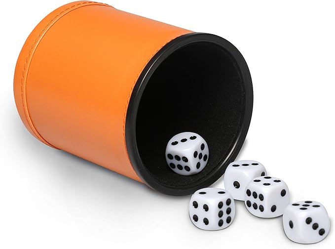 Felt Lined Dice Cup Set Orange PU Leather Dice Rolling Cup with 5 Standard Dot Dices Quiet Shaker for Farkle Yahtzee Bar Party Family Games Play