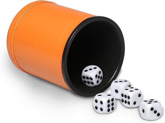 Felt Lined Dice Cup Set Orange PU Leather Dice Rolling Cup with 5 Standard Dot Dices Quiet Shaker for Farkle Yahtzee Bar Party Family Games Play