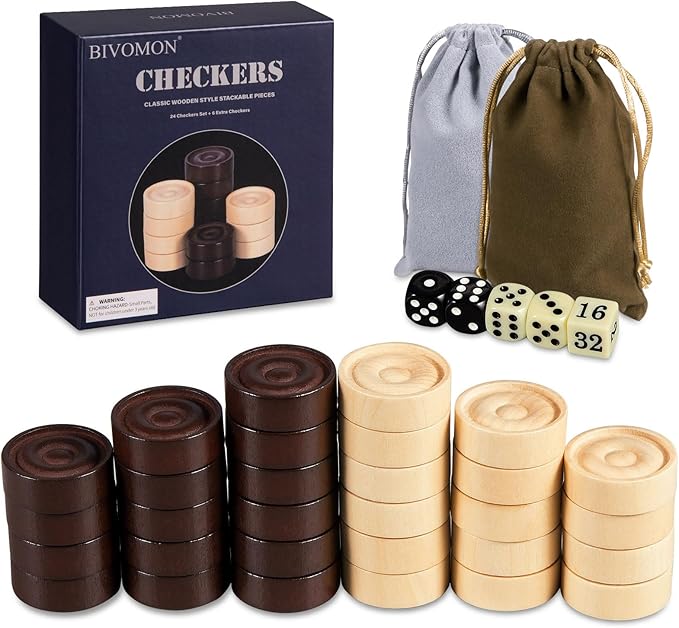 Classic Wooden Checkers Stackable Pieces, Backgammon Pieces, Set of 30 Checkers Pieces, 5 Dice, 2 Drawstring Storage Bags, Checkers (1.2 W X 0.4 H) Inches, Brown+Wood