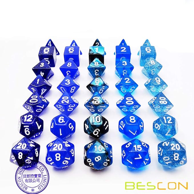 Bescon RPG Dice Set 35pcs Ocean Blue Set, DND Role Playing Game Dice 5X7pcs