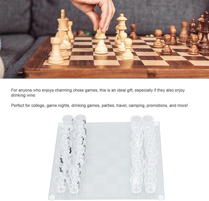 Glass Chess Game, Drinking Glass Chess Set, Chess Board with Glass Chess Pieces, for Travel for Camping