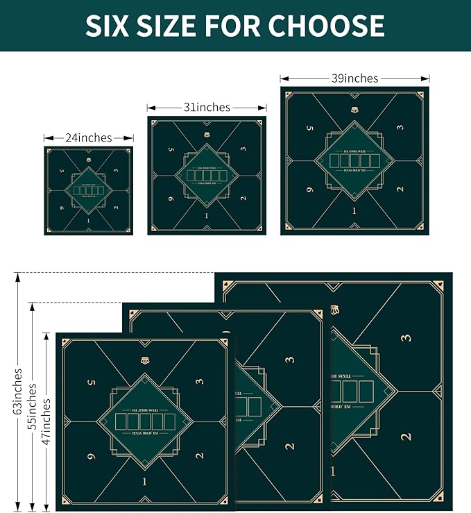 nuveti 24/31/39/47/55/63 inch Square Foldable 6-Player Texas Poker Card Tabletop Layout Portable Anti-Slip Rubber Board Game Mat Texas Hold'em Poker Mat for Family Game, Casino, Party