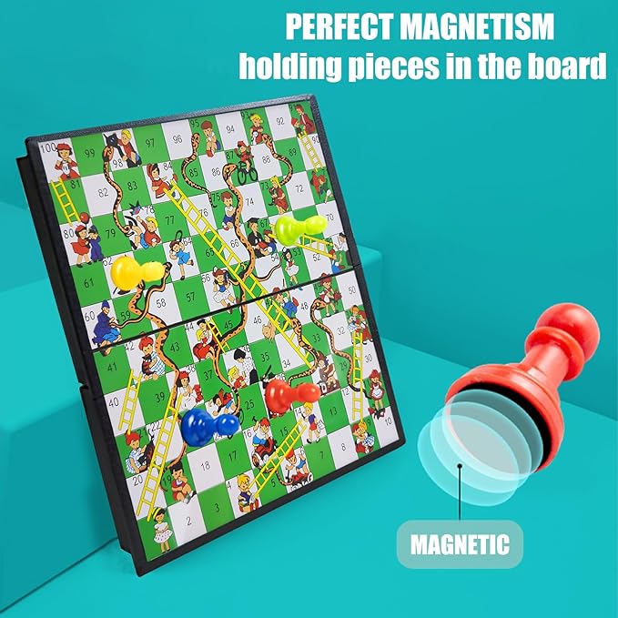 KIDAMI Magnetic Snakes and Ladders Board Game Set, Folding Portable Design and Light-Weight, Travel Game Set Gift for Kids and Adults