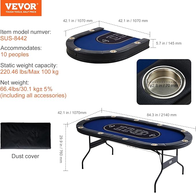 VEVOR 10 Player Poker Table Foldable, Portable Folding Card Board Game Table, Blackjack Texas Holdem Table with Padded Rails and Stainless Steel Cup Holders,Blue (84 in), Casino Leisure Table