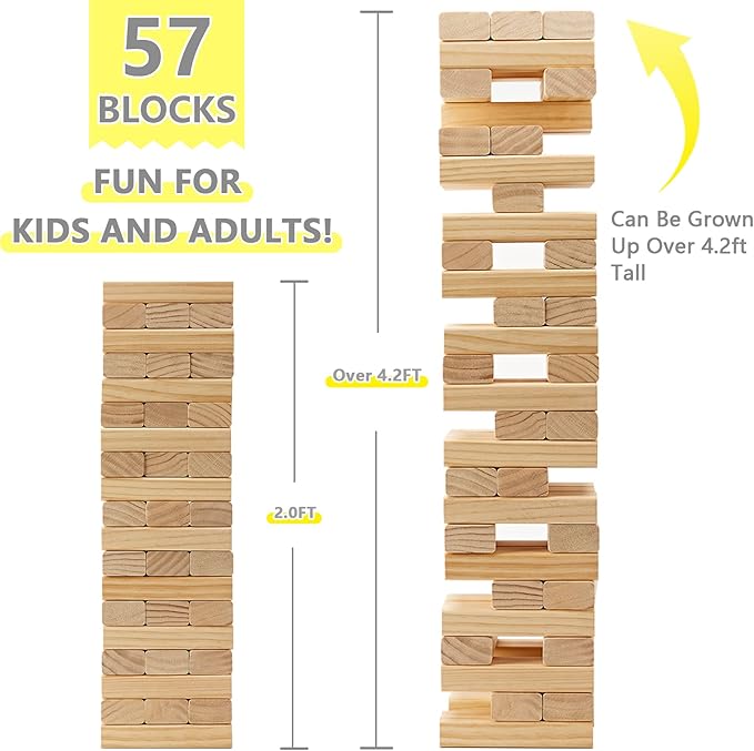 GOROCK Giant Tumble Tower Yard Games, Outdoor Game for Kids Adults Family,57 PCS Wooden Stacking Games with Scoreboard | Dice | Carrying Bag, Classic Outdoor Games for Beach Lawn Park (Over 4.2 FT)