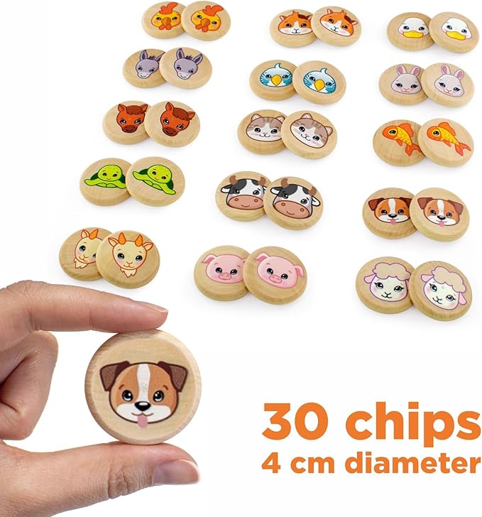 Ulanik Domestic Animals Matching Memory Game for Toddlers Age 3 + Year Old Preschool Wooden Board Games for Kids 4-8 Learning & Education Toys — 30 Chips, 1.57 in