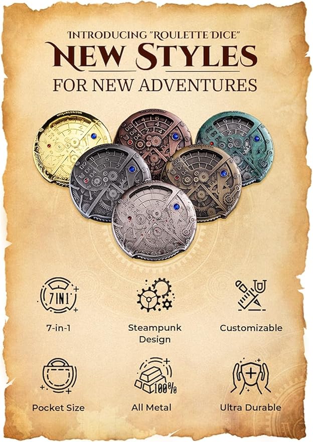 UD 7 in 1 Roulette Dungeons and Dragons Steampunk Themed Metal Dice Set for D&D Roleplaying Games (Ancient Bronze)
