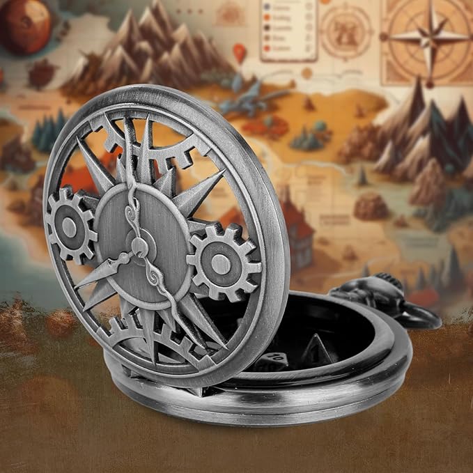 Mini DND Dice Set with Steampunk Hollow Pocket Watch Shell Case, 7pcs Polyhedral Metal D&D Dice Set, DND Gifts with Gift Box, Role Playing Board Games Accessories, Dark Silver