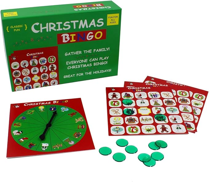 Christmas Bingo - The Original and Classic Version- Complete with Game Cards, Real Bingo Chips and Spinner!