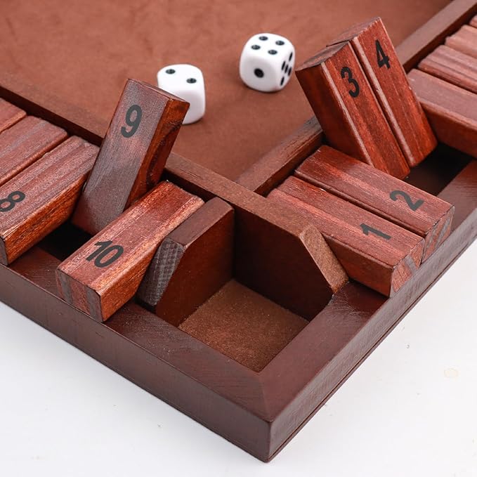 MerryPony Shut The Box 4 Player Wooden Board Game - 12 Inch With 10 Numbers and 12 Dice, Classic Family Tabletop Math Game for Adults & Kids, Pub Classroom Party