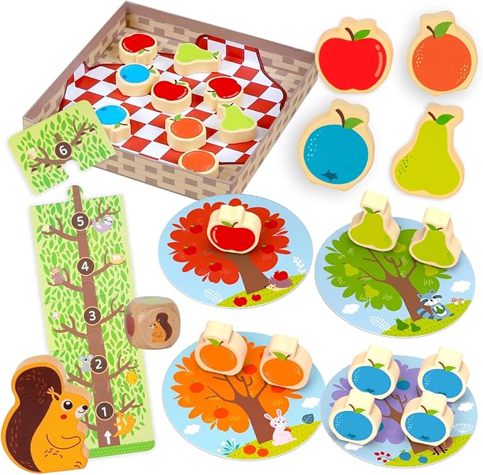 Nene Toys Squirrel in The Orchard - Cooperative Wooden Game for Toddlers Ages 2-4 - Educational Board Game for 2 3 Year Olds, Orchard Game to Enhance Color Recognition & Counting Skills