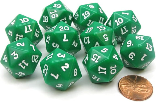 Koplow Games Set of 10 Twenty Sided 19mm D20 Opaque RPG Dice - Green with White Numbers Die
