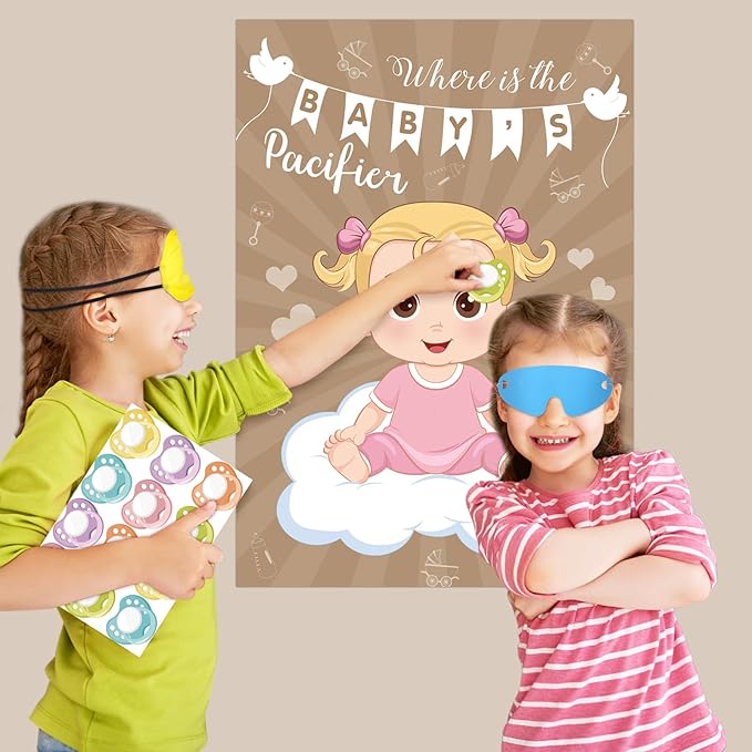 Hooqict Pin The Pacifier on The Baby Game Funny Baby Shower Games for Girls Birthday Party Activities, Large Pin The Dummy Poster with 72 Pacifier Stickers