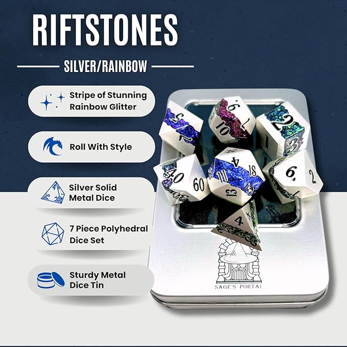 Sage's Portal Metal Riftstone DND Dice 7-PC Polyhedral Dice Set for DND TTRPG Dungeons and Dragons Pathfinder Oversized Designer Dice (Pearl Silver/Rainbow)