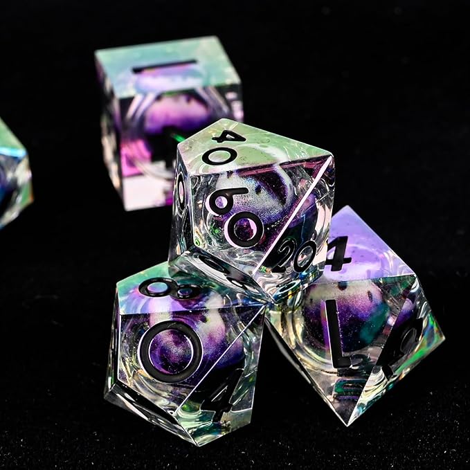 Electroplated Resin Dice Set, Resin Edge Sharp for Dungeons & Dragons RPG, MTG Board Games with Gift Box(Electroplating Purple White Longan)