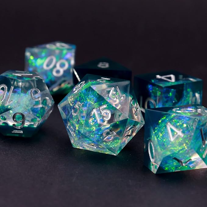 Haxtec DND Dice Set Sharp Edge Resin Dice Iridecent Inclusion with Dice Case Green D&D Dice for RPG Role Playing Games Dungeons and Dragons Gift Galaxy Series