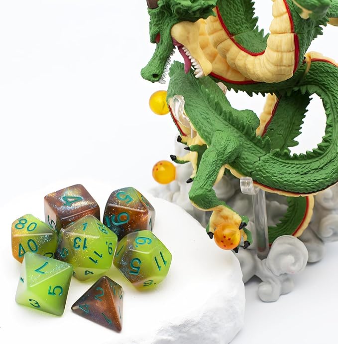 DND Dice Set with Dragon Totem Metal Gife Case, Dungeons and Dragons Dice Set,Polyhedral Dice Set Filled with Shiny Glitters,Role Playing Games and Tabletop Games (Green&Copper Luminous)