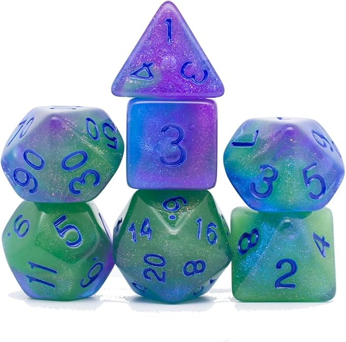 DND Dice Set with Dragon Totem Metal Gife Case, Dungeons and Dragons Dice Set,Polyhedral Dice Set Filled with Shiny Glitters,Role Playing Games and Tabletop Games (Green&Blue Luminous)