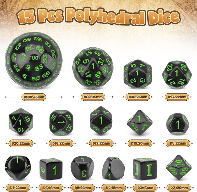 Coyeekn DND Dice 15 Pieces Polyhedral Dice D3-D100 with Dice Bag for Role Playing Table Games (Black & Green)