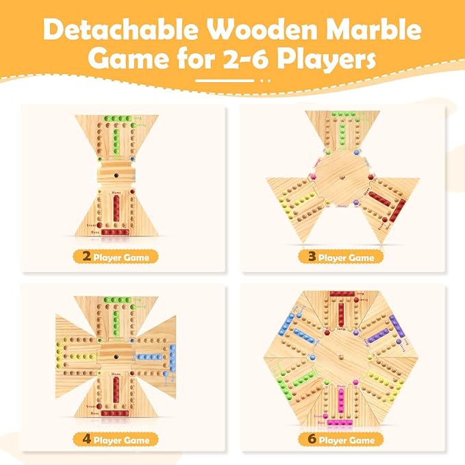 Fast Track Board Game, 18" Detachable Wooden Board Game for 2-6 Players, Portable Marble Game with 32 Marbles and 8 Dices for Family, Friends, Party Game Night