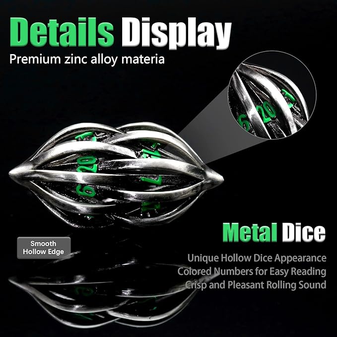 DND Dice Set for Dungeons and Dragons, Metal D&D Dice 7PS/Set, ZHOORQI Polyhedral Dices Set for Role Playing Game Gifts(Arcanum-Green)