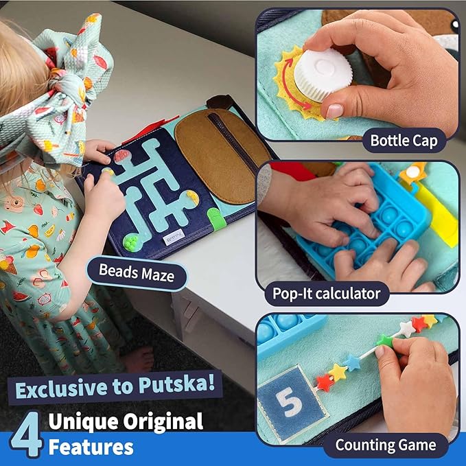 PUTSKA Busy Board Montessori Toys, Busy Book for Toddlers 3+ Years, Sensory Toys, Educational Learning Activities for Learning Fine Motor Skills, Kids Travel Essentials, Gifts for Girls Boys