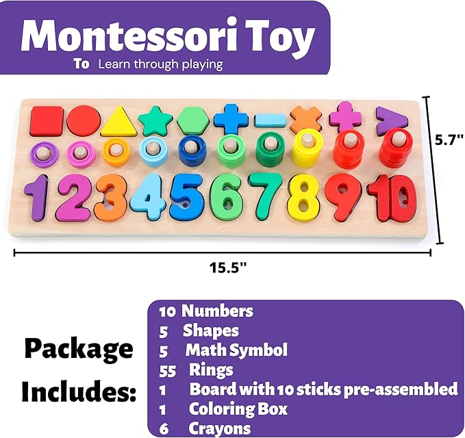 BEKILOLE Wooden Montessori Toys for Kids Toddler Number Puzzles Sorter Counting Shape Stacker Stacking Game Preschool Toys for Boy Girl Learning Education Math Blocks 1 Year Old Girl Gifts and Beyond