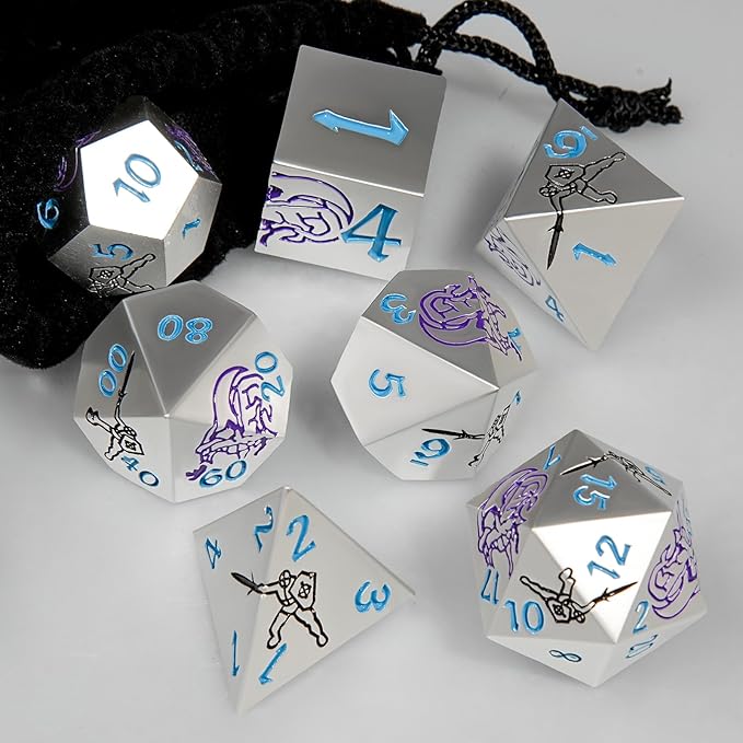 Metal DND Dice Set,Dragons and Warriors DND Dice 7-Pcs Metal Polyhedral Dice Set for Dungeons and Dragons RPG MTG Table Games(Pearl Silver