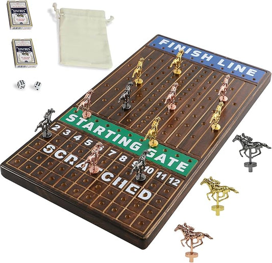 Large 21 Inches Horse Racing Board Game Thickened Wood Metal Horses Finish Line Horse Race Game for Party and Gatherings Included Dices and Cards, Flame