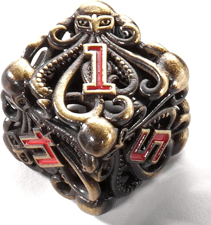 Hollow Cthulhu Metal Dice Set,Unique Dungeons and Dragons Polyhedral Dice Set for D&D TRPG MTG Pathfinder Table Board Roll Playing Games D4 D6 D8 D10 D% D12 D20 (Brass)