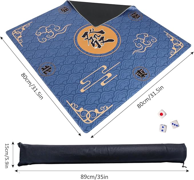 ZGME Mahjong Mat, Anti Slip & Noise Reduction Table Cover for Mahjong, Dominoes, Poker, Card, Tile and Board Games, Rubber Game Mat with Carrying Bag and 3 Dice (Blue, 31.5 x31.5 Inches)